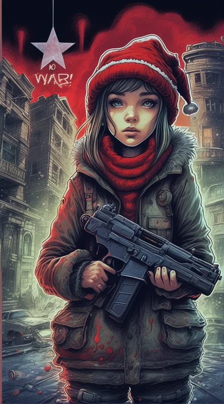 drawix4 blackboard with text no war! , girl in a Santa Claus hat and costume, with a gun, doused with red liquid, Christmas, destroyed buildings in the background, a dark and mysterious world unfolds, enigmatic dreamscape surrealistic <lora:drawix4:1>