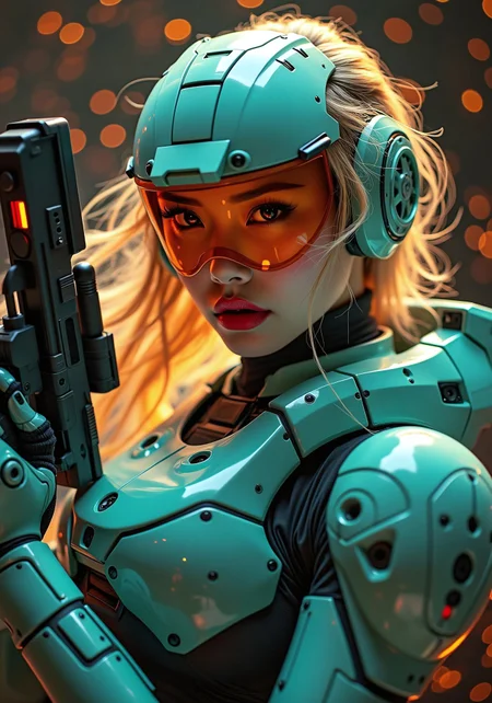 Silhouette Art, magnificent, photorealistic image in the style of a movie poster, crisp lines, a photograph of a stunning oriental sci-fi soldier, blonde loose hair, red lips, orange-tinted HUD visor, teal power armour, aiming sci-fi pistol, facing viewer, upper body shot from the side, directional lighting, with an abstract dark backdrop, bokeh