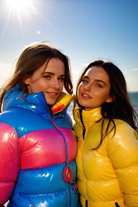 Stunning portrait of two sweet, cute, slim, long haired, young European woman on a beach. they are dressed in (shiny), colorful, completely enclosureable, (puffer down outfits:1.3) by parkasite, very high yoked. ((they are in love, cuddle and kiss)). all other people are summer dressed. emotional, tempting, dramatic, high detail, realistic, realistic character design, inspiring, intense emotion, masterpiece, 8k, RAW photo, portrait, best quality, ultra high res, photorealistic, cinematic lightning, digital painting, storytelling, high resolution, depth of field, lens flare, <lora:Parkasite_XL:0.7>