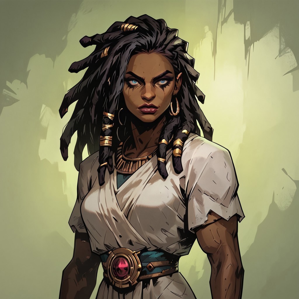 score_9, score_8_up, score_7_up, masterpiece, best quality, newest, absurdres, highres, 1girl, dark skin, dark-skinned female, dredlocks, white dreadlocks, african, african female, muscular female, toned,
