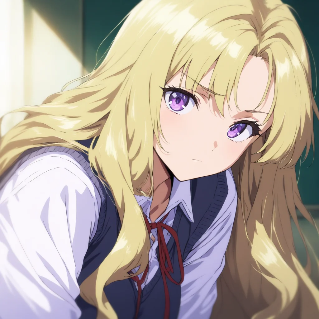solo,looking at viewer,upper_body,portrait,masterpiece,high score,great score,absurdres,school uniform,white shirt,vest,<lora:Seito2_kisaku ag4o v1:1> seito2, blonde hair, long hair, purple eyes,red ribbon,