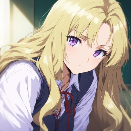 solo,looking at viewer,upper_body,portrait,masterpiece,high score,great score,absurdres,school uniform,white shirt,vest,<lora:Seito2_kisaku ag4o v1:1> seito2, blonde hair, long hair, purple eyes,red ribbon,