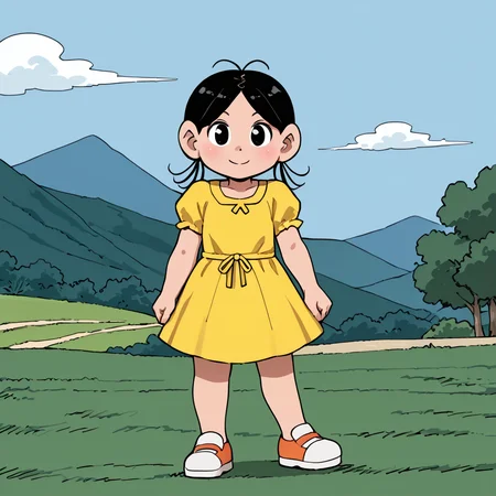 outdoors, <lora:MagaliV2:1> MagaliTDM, 1girl, solo, short-sleeved yellow dress, black hair, three strands of hair that seem to resemble pigtails, black eyes, short,