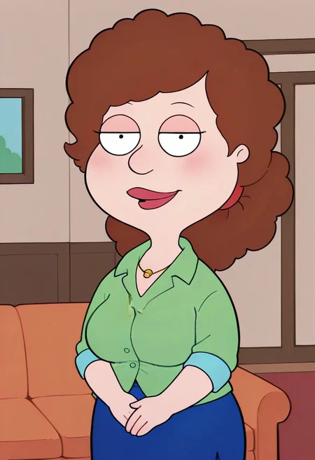 score_9, score_8_up, score_7_up, score_6_up, high quality, rounded eyes, style parody, cartoon style, 1girl, solo, living room, couch, indoors,
BREAK
unnamed girl, brown hair, black eyes, (mature female:1.5), (plump:1.2), large breasts, gigantic hips, green sweater, rolled up sleeves, blue skirt, stockings, own hand together, blush, smile, looking at viewer, long skirt, half-closed eyes, necklace,