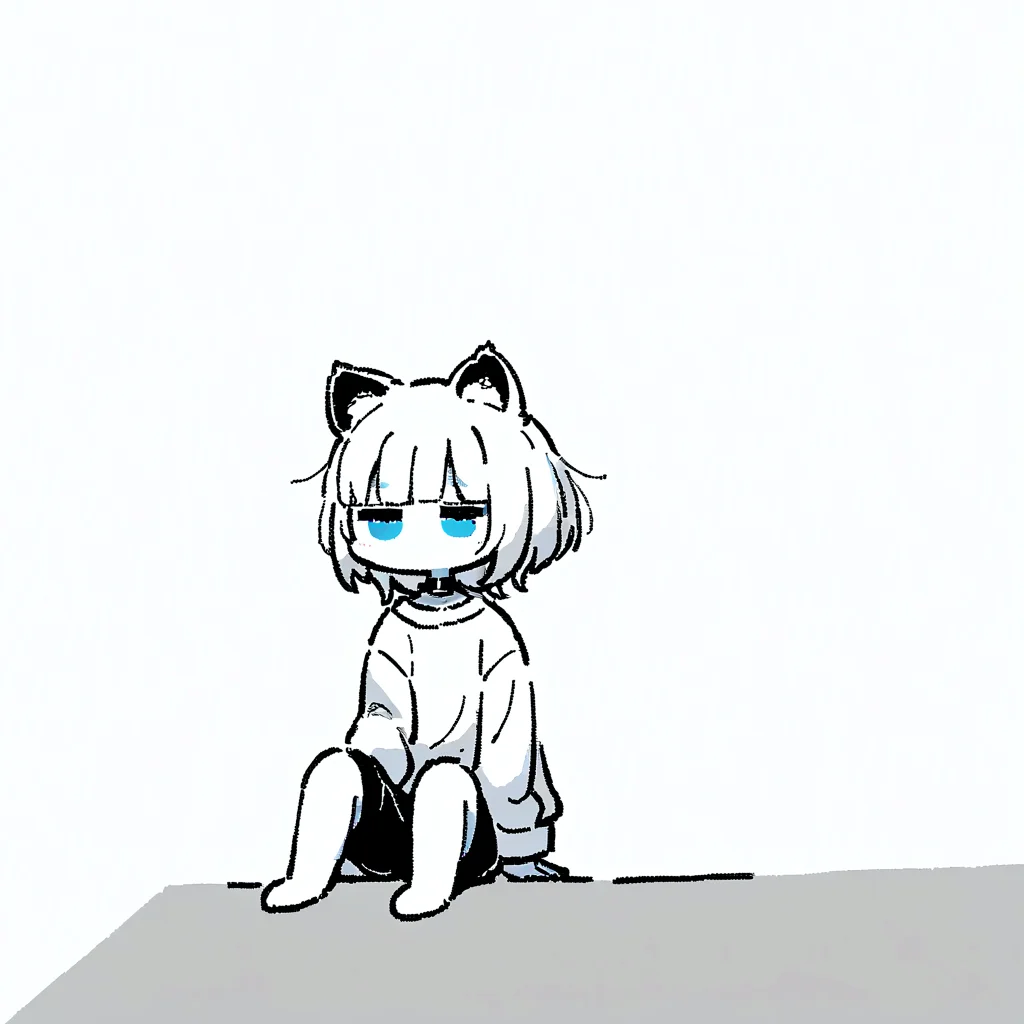 best quality, very aesthetic, absurdres, (limited palette, jaggy lines:1.2), (negative space:1.4), ([gray|blue]:1.2) theme
1girl, solo, white hair, short hair, cat ears, wolf ears, blunt bangs, blue eyes, black choker, (jitome:1.2), white oversized shirt, shorts, long sleeves, siting on (stairs:1.1), 
<lora:Margin:1>, <lora:Wolf_Cut:0.7>