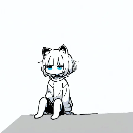 best quality, very aesthetic, absurdres, (limited palette, jaggy lines:1.2), (negative space:1.4), ([gray|blue]:1.2) theme
1girl, solo, white hair, short hair, cat ears, wolf ears, blunt bangs, blue eyes, black choker, (jitome:1.2), white oversized shirt, shorts, long sleeves, siting on (stairs:1.1), 
<lora:Margin:1>, <lora:Wolf_Cut:0.7>