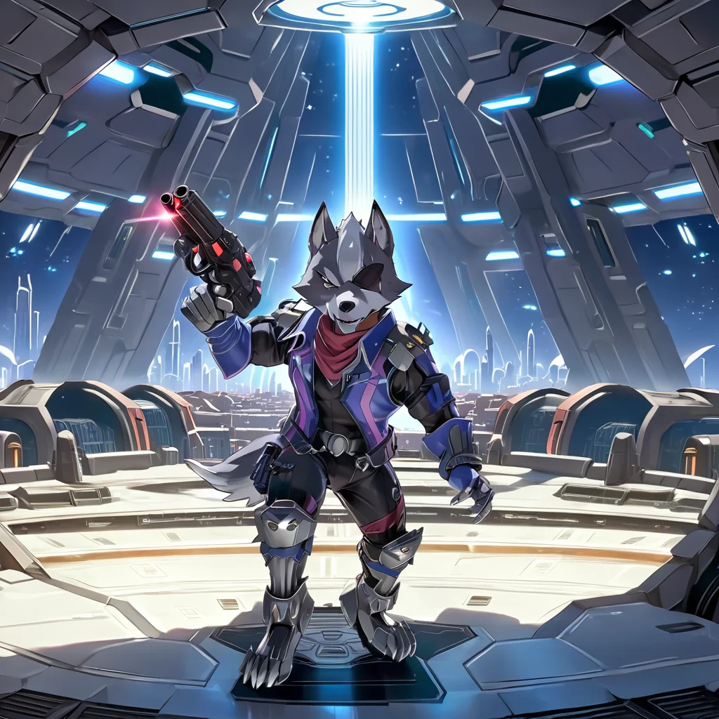 man, StarWolfXL, 1boy, inside starship spaceship, eyepatch, wolf, holding weapon, laser gun, (anime, masterpiece, intricate:1.3), (best quality, hires textures, high detail:1.2), (4k),(incredibly detailed:1.4),UHD, 8K, ultra detailed
 Futuristic Marrakech city, Morocco, beautiful dynamic lighting, cinematic, wide angle establishing shot, extremely high detail <lora:StarWolfXL:.8>
