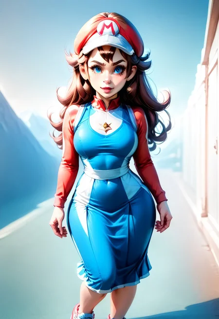 <lora:MtF_Genderswap:1>, genderswap \(mtf\), Mario, facing forward, adult woman, extremely large nose, extremely bulbous nose, very wide face, circular head shape, wide chin, wide jawline, brown hair, lightly curly hair, blue eyes, average bust, wide hips, red and blue clothes, tennis uniform, two-tone skirt, fully clothed, zPDXL, score_9, score_8_up, score_7_up, score_6_up, score_5_up, score_4_up,
full body render, full body, photorealistic image, realistic image, high quality, detailed face, realistic human proportions, detailed clothes, even lighting, no aura, no glow,