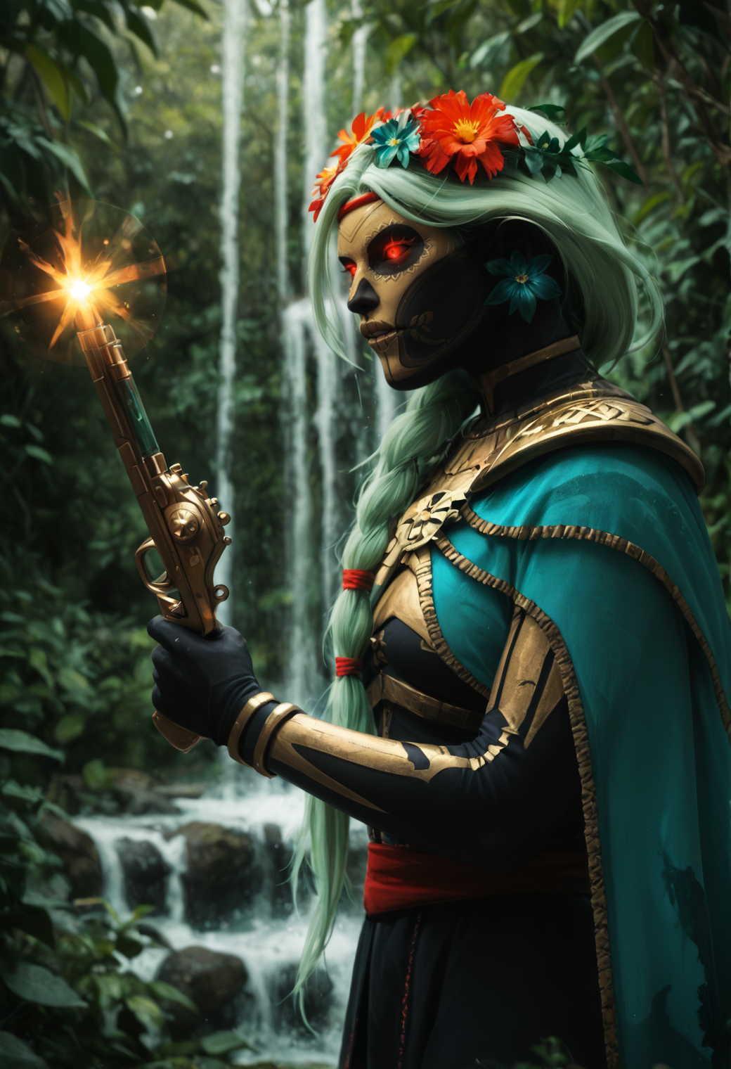 photography, realistic sun light and shadows, photorealism, UHD --ar 9:16 --style raw --stylize 700, 
 <lora:muerta_v3:1> muerta_v3
flower, hair ornament, hair flower,long hair,  one braid, green hair,
red eyes, glowing, glowing eyes, colored sclera,
mask,, score_9, score_8_up, score_7_up, solo, 
A waterfall in a lush jungle with monkeys swinging from vines,, holding pistol in each hand, side view,
blur censor, blurry, blurry background, blurry foreground, bokeh, motion blur,
chromatic aberration, depth of field, figure, focused,  focus
absurdres, amazing quality