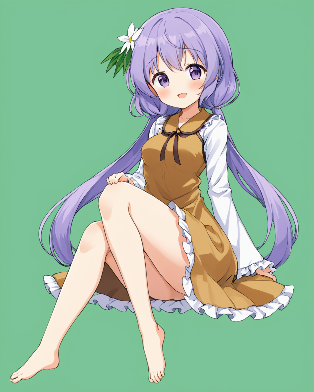 tsukumo benben,1girl, solo, hair_flower, smile, barefoot, long_sleeves, looking_at_viewer, sitting, blush, open_mouth, low_twintails, brown_dress, frilled_dress, frilled_sleeves, medium_breasts, v_arms, green_background
<lora:tsukumo_benben_image916_2023-12-20-000015:1>,star-shaped_pupils,symbol-shaped_pupils,. gorgeous,key visual, vibrant, studio anime,award-winning, professional, highly detailed,high budget, cinemascope
