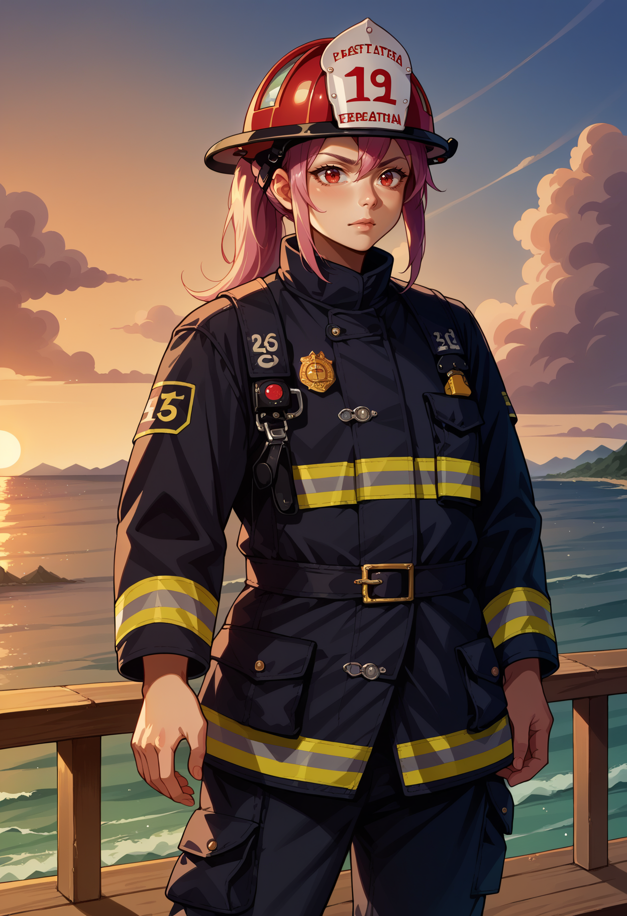 score_9, score_8_up,score_7_up, source_anime, 1girl, solo, <lora:EPpkLavana:0.8>,  EPpkLavana, pink hair, high ponytail, long hair, sidelocks, swept bangs, red eyes,   detailed background, cowboy shot, EPFireFighter, <lora:EPFireFighterPony:1.0>, wearing EPFireFighter, jacket, black jacket, pants, black pants, harness, helmet, red headwear,sunset, bridge, ocean, water, building, mountainous horizon,