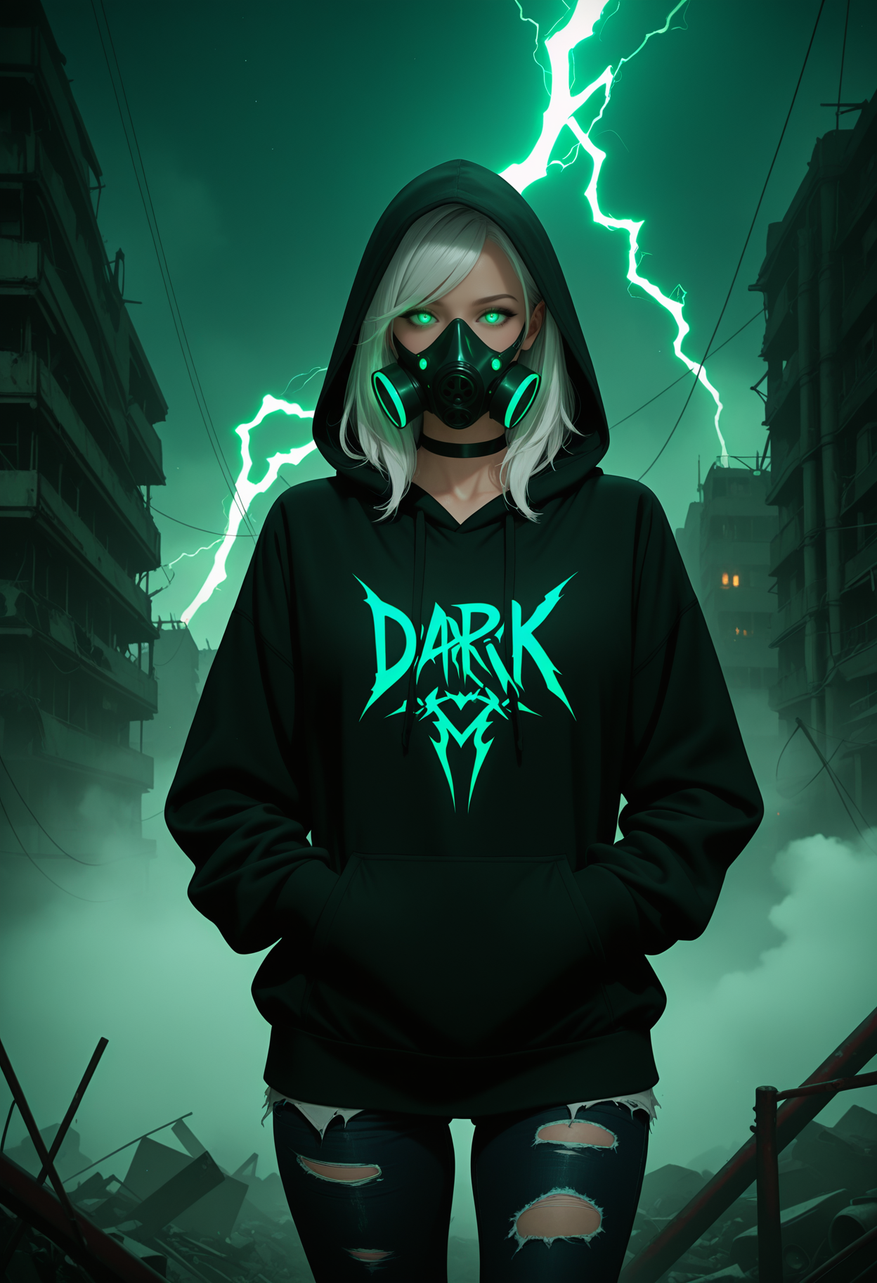 photorealistic, masterpiece, best quality, newest, absurdres, highres,
1girl, solo, glowing eyes, green eyes, white hair, swept bangs,
black hoodie, hood up, torn jeans, black pants, black choker, gas mask,
post-apocalypse, abstract background, dark background, green lightning, fog, energy,
hands in pocket,
upper body,
BREAK;
<lora:Harrlogos_v1.1:1> (("Dark_Mix":2.0) text logo, foreground text, green neon lights),