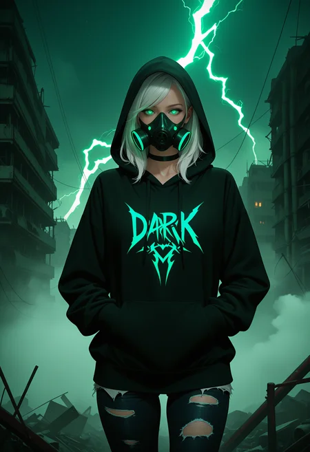 photorealistic, masterpiece, best quality, newest, absurdres, highres,
1girl, solo, glowing eyes, green eyes, white hair, swept bangs,
black hoodie, hood up, torn jeans, black pants, black choker, gas mask,
post-apocalypse, abstract background, dark background, green lightning, fog, energy,
hands in pocket,
upper body,
BREAK;
<lora:Harrlogos_v1.1:1> (("Dark_Mix":2.0) text logo, foreground text, green neon lights),