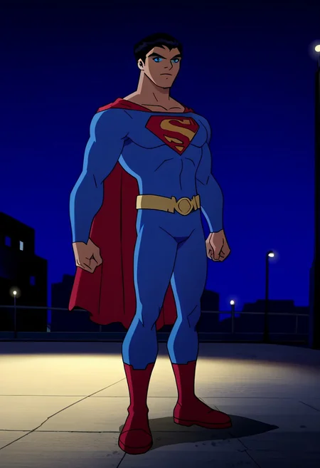 score_9_up, score_8_up, score_7_up, source_anime, anime screencap, wide_shot, full body shot of adult Superman,1man,solo,male focus, black hair, short hair, blue eyes, superman, ((elvis presley hair)), flat color, outdoors, night, blue_background, 1990s_\(style\), closed_mouth, silhouette, dark