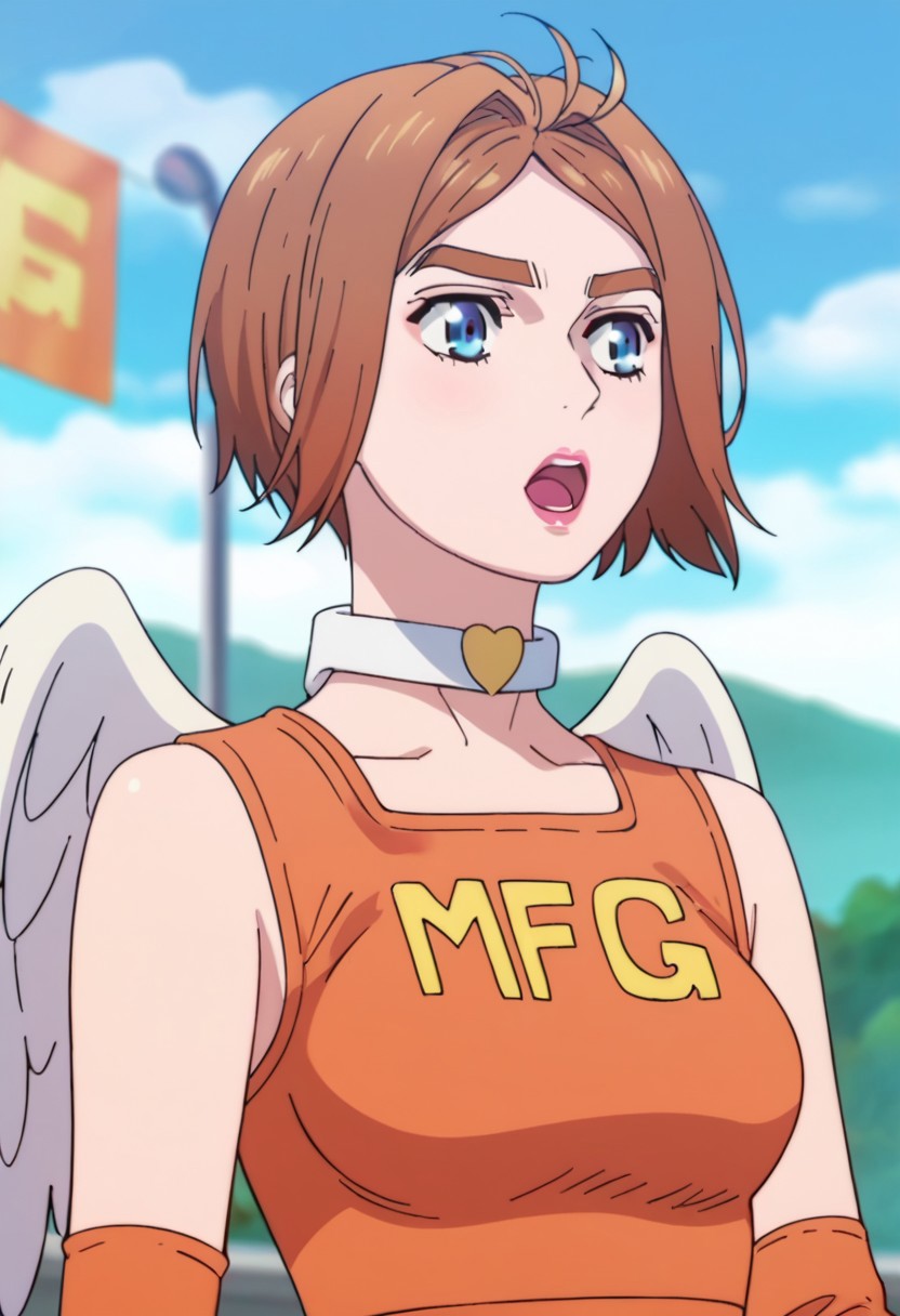 score_9, score_8, score_7, source_anime, mfg angels outfit, lipstick, day, standing, sky, pink lips, blurry background, shirt, open mouth, cloud, thick eyebrows