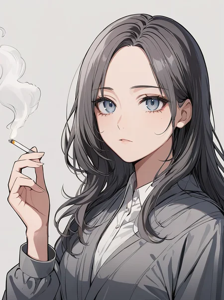 masterpiece,ultra-detailed,best quality,8K,illustration,cute face,clean skin ,shiny hair,girl,ultra-detailed-eyes,simple background, <lora:add-detail-xl:1> <lora:smoking_XL_V1.0:0.8> smoking, holding cigarette, smoke