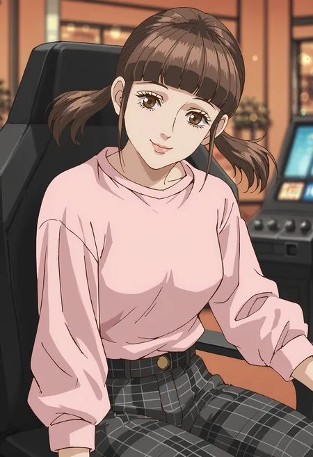 <lora:PonyScores7:1> anime coloring, source_anime, rating_explicit, uncensored BREAK
masterpiece, best quality, very aesthetic, absurdres, anime screencap BREAK
<lora:Trillion_Game_-_Futaba_epoch_10:1> trillionfutaba, brown hair, blunt bangs, short twintails, brown eyes BREAK
monochrome plaid pants, pink shirt, long sleeves, white sneakers BREAK
arcade, arcade cabinet BREAK
1girl, solo, smiling, sitting, reclining, (bokeh, blurry background, cowboy shot:1.5), head tilt, looking at viewer