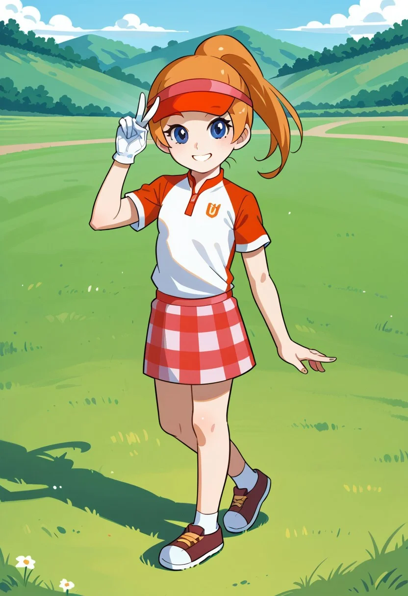 score_8, score_8_up, score_7_up, 1girl, female focus, solo, Ella_AT, Blue eyes, orange hair, ponytail, small breasts, visor cap, Polo Shirt, raglan sleeves, single glove, white glove, plaid skirt, white socks, ankle socks, red shoes, sportswear, standing, full body, looking at viewer, V, smile, outdoors, grass, plains,