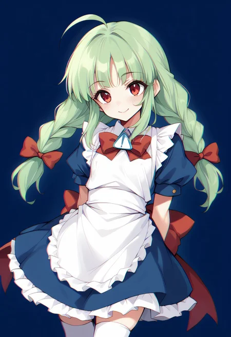 score_9, score_8_up, score_7_up, score_6_up, 1girl, solo, me-tan, bright green hair, ahoge, twin braids, blue dress, red bow, white apron, puffy short sleeves, flat chest, evil smile, red eyes, white thighhighs, blue background, Retro glitch, dynamic pose, dynamic angle, dutch angle, glitchy, covered erect nipples, ((chromatic aberration:1.2)), bloomers