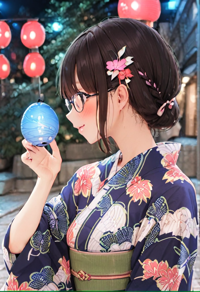 masterpiece, best quality, very aesthetic, absurdres,
mizufusen, 1girl, japanese clothes, solo, glasses, yukata, hair ornament, flower, hair flower, holding, smile, upper body, profile, bangs, sash, floral print, black hair, hand up, obi, blunt bangs, closed mouth, from side, braid, blush, pink flower, green kimono, night, summer, paper lantern, blurry background, 
 <lora:mizufusen_SDXL_V1:1>