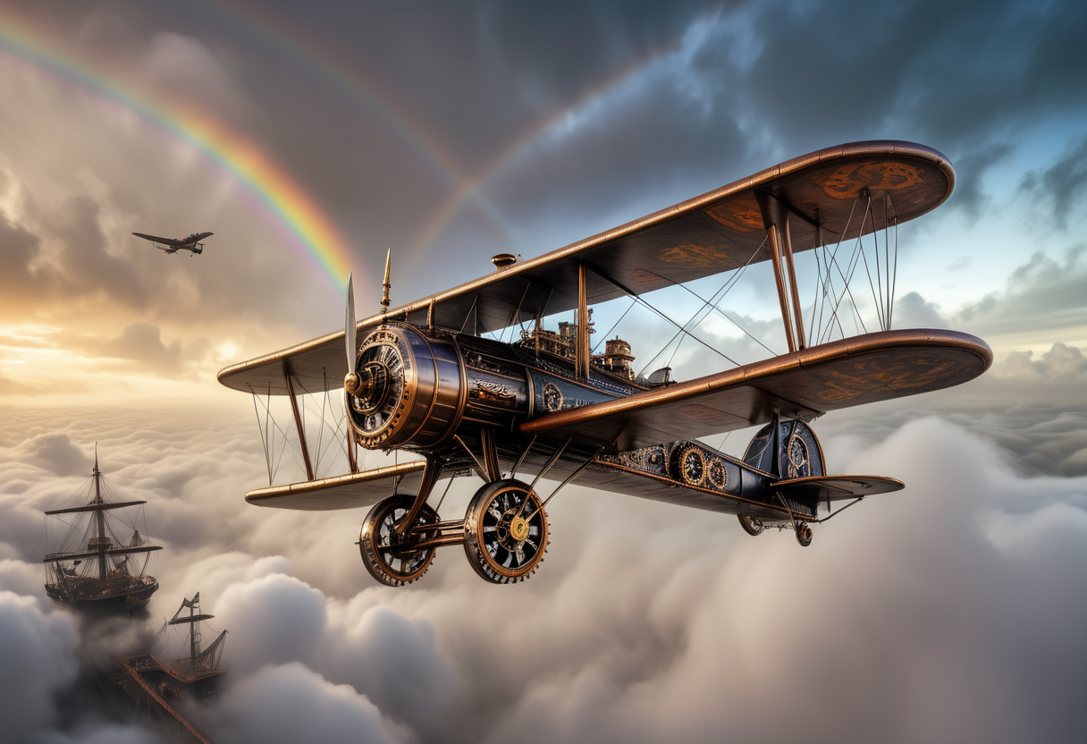 award winning, (professional photo) of (elaborate medium-sized charcoal steampunk steamplane) with wood body,  etched glass, the aircraft is flying over  a mystical cloudscape, with swirling mists, vibrant rainbows, and an ethereal atmosphere that feels otherworldly, in the fog, , creative, beautiful, vibrant, masterpiece, 64k, UHD, HDR, full view, atmospheric lighting, extremely detailed