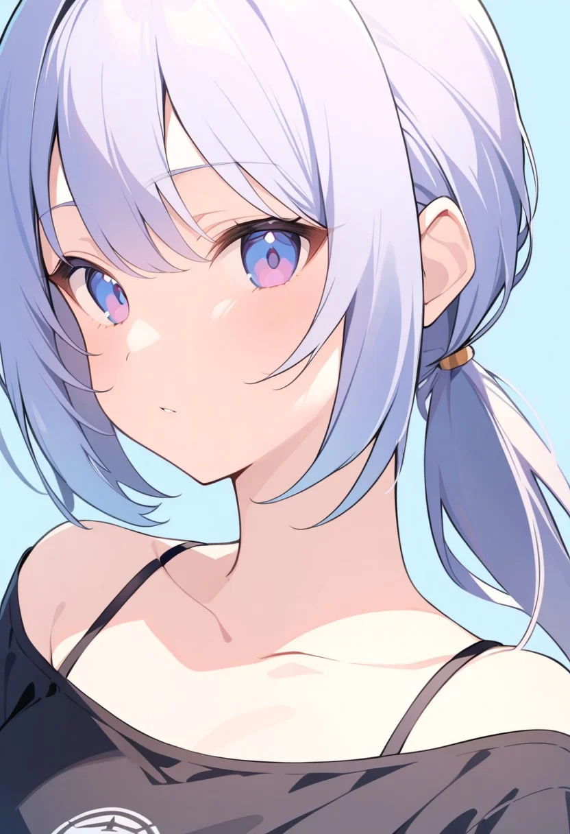1girl, close-up portrait, black tank top, plain light blue background, pilarica