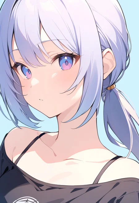 1girl, close-up portrait, black tank top, plain light blue background, pilarica