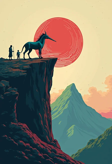 high quality, highly detailed, colorful, abstract shapes, fantasy, fantasy background, The image is an illustration of a mythical creature with a large, pointed head and a long, pointed nose. The creature appears to be standing on top of a rocky cliff, with a mountain in the background. The mountain is covered in a dark blue and green gradient, with hints of red and pink. The sky is a pale beige color, and the mountain is a lighter shade of blue. In the center of the image, there is a large red circle with a white outline, which is the focal point of the illustration. The circle is filled with a pattern of lines and shapes, creating a sense of depth and dimension. On the left side of the circle, there are two figures, one of which is holding a staff and the other is standing on the edge of the cliff. The figures appear to be looking up at the mountain, as if they are searching for something. The overall mood of the artwork is mysterious and awe-inspiring.<lora:FLUX\Enhancer\flux.1_lora_flyway_Epic-detail_v2.safetensors:0.8:0.8> <lora:FLUX\Style\Pop_Art_Pusher.safetensors:0.6:0.6>