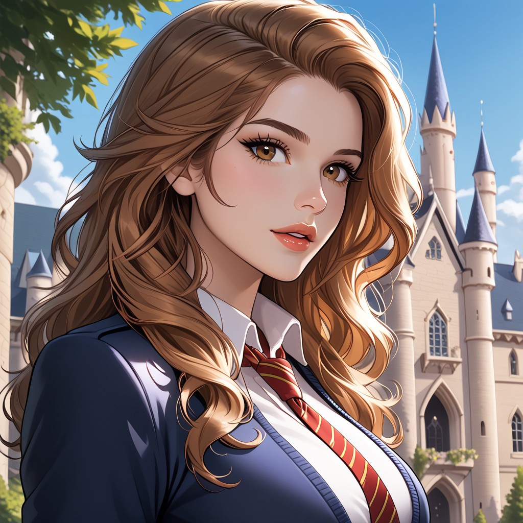https://civitai.com/images/71069860
solo, (side view:1) masterpiece, best quality,masterpiece, best quality, good quality, very aesthetic, newest, 8K, depth of field, focused subject, BREAK, 1girl, hermione granger, brown eyes,close up, sexy lips, ecasagrande, looking at viewer, parted lips, flirty, 
(large breasts:1.2)
Hogwarts uniform, tie, school shirt,
Beautiful castle, trees, sunny, beautiful sky