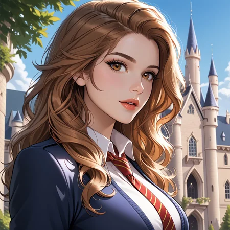 https://civitai.com/images/71069860
solo, (side view:1) masterpiece, best quality,masterpiece, best quality, good quality, very aesthetic, newest, 8K, depth of field, focused subject, BREAK, 1girl, hermione granger, brown eyes,close up, sexy lips, ecasagrande, looking at viewer, parted lips, flirty,
(large breasts:1.2)
Hogwarts uniform, tie, school shirt,
Beautiful castle, trees, sunny, beautiful sky