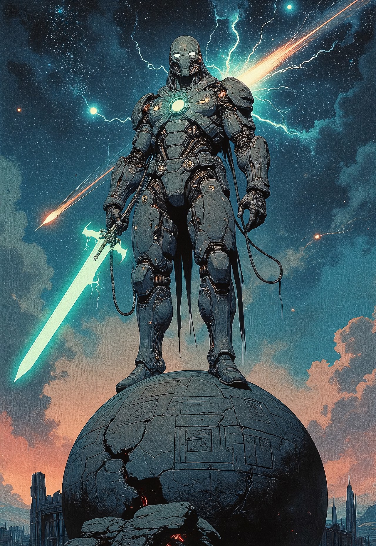 The cybernetic warrior stood atop a massive stone sphere, its surface carved with glowing ancient runes. His face was hidden behind a sleek cybernetic mask, its surface pulsing with neon patterns. Tubes ran across his armored suit, filled with fluorescent energy in shades of blue, magenta, and green. His body was powerful, enhanced with biomechanical implants that fused seamlessly with his form. A bright energy core glowed at his chest, pulsing in sync with the distant stars. The night sky stretched endlessly above, filled with swirling nebulas and a blazing comet streaking through the void. In his right hand, he gripped a plasma sword, its neon-green glow crackling against the darkness. Thick cables snaked across his back, their ends flickering with raw energy, connecting him to unseen forces. His reinforced boots pressed firmly against the sphere, unshaken, as he stood between the past and the future, ready for whatever came next.
