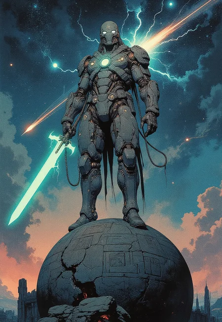 The cybernetic warrior stood atop a massive stone sphere, its surface carved with glowing ancient runes. His face was hidden behind a sleek cybernetic mask, its surface pulsing with neon patterns. Tubes ran across his armored suit, filled with fluorescent energy in shades of blue, magenta, and green. His body was powerful, enhanced with biomechanical implants that fused seamlessly with his form. A bright energy core glowed at his chest, pulsing in sync with the distant stars. The night sky stretched endlessly above, filled with swirling nebulas and a blazing comet streaking through the void. In his right hand, he gripped a plasma sword, its neon-green glow crackling against the darkness. Thick cables snaked across his back, their ends flickering with raw energy, connecting him to unseen forces. His reinforced boots pressed firmly against the sphere, unshaken, as he stood between the past and the future, ready for whatever came next.