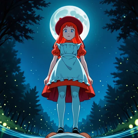 Alice, 1 girl, red hat with a ribbon tied behind, blue eyes, dress, long red hair, long white stockings, red dress, black shoes, white apron, short puffed sleeves
Alice lying in a river while the water covers her body. She is surrounded by several trees, it is night and there are blue neon lights, fireflies and moonlight. Full moon. Alice has an expression of sadness and disappointment, POV, view from below, dynamic pose
