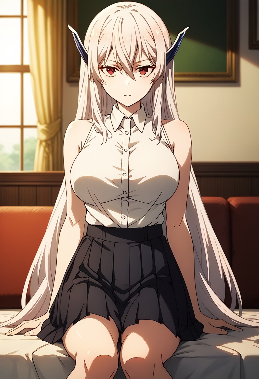 score_9_up, score_8_up, score_7_up, extreamly detailed, beautiful detailed face, complex detailed background, completely clothes, BREAK, 
KYOUKA UZEN (MATO SEIHEI NO SLAVE), 1girl, solo, long hair, breasts, looking at viewer, bangs, skirt, large breasts, shirt, red eyes, hair between eyes, bare shoulders, very long hair, closed mouth, white shirt, white hair, pleated skirt, sleeveless, collared shirt, indoors, miniskirt, black skirt, sleeveless shirt
