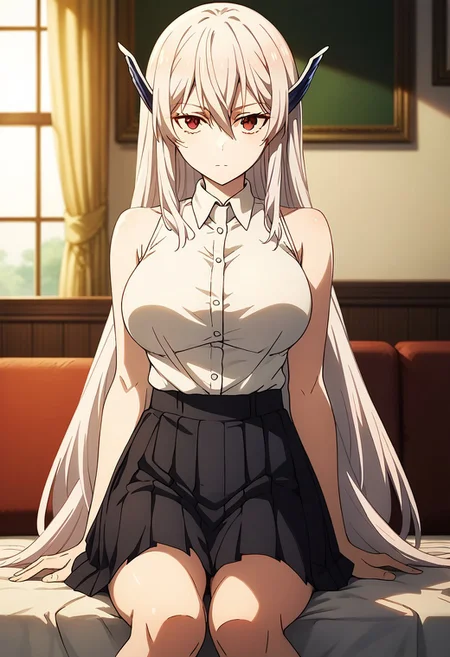 score_9_up, score_8_up, score_7_up, extreamly detailed, beautiful detailed face, complex detailed background, completely clothes, BREAK,
KYOUKA UZEN (MATO SEIHEI NO SLAVE), 1girl, solo, long hair, breasts, looking at viewer, bangs, skirt, large breasts, shirt, red eyes, hair between eyes, bare shoulders, very long hair, closed mouth, white shirt, white hair, pleated skirt, sleeveless, collared shirt, indoors, miniskirt, black skirt, sleeveless shirt