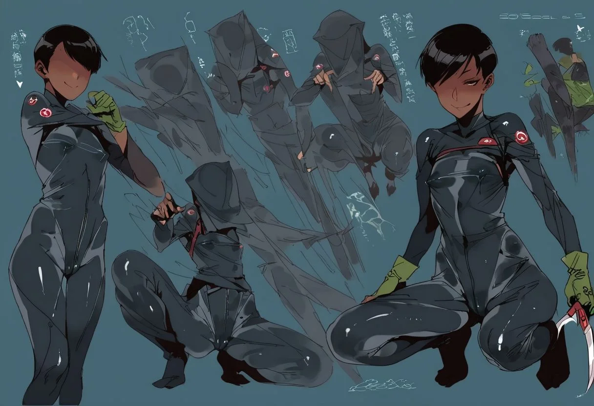score_9, score_8_up, score_7_up, score_6_up, score_5_up, score_4_up,  1girl,  black eyes, green tree, ((midnight)), tilted angle, loop lighting, (((forest))), solo, ((((holding sickle)))), Concept Art, (((((((camo bodysuit))))))),  flat breasts, flat ass, skinny leg, skinny body, slim girl, (18 years old)), ((pettie)), narrow waist, flat chest, , (((short))), flat breasts, flat ass, narrow waist, ((flat chest)), (((short))), ((flat chest)), (((anorexic))), ((((dark skin woman))))), (((tight green glove))), ((((bodysuit)))), black hair, (((pixie cut))),  (((smug))), ((green glove)), , ((nipple)), ((((((dynamic pose)))))))   , ((((((dynamic hand))))))) , ((((((dynamic leg))))))) ,(((((((transparent black bodysuit)))))), ((((lesbian))))), ((((crouched on a very high tree)))), ((((character sheet)))), (black face), faceless