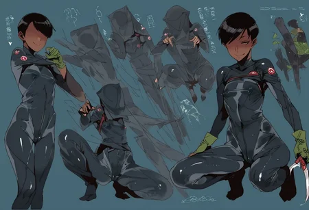score_9, score_8_up, score_7_up, score_6_up, score_5_up, score_4_up, 1girl, black eyes, green tree, ((midnight)), tilted angle, loop lighting, (((forest))), solo, ((((holding sickle)))), Concept Art, (((((((camo bodysuit))))))), flat breasts, flat ass, skinny leg, skinny body, slim girl, (18 years old)), ((pettie)), narrow waist, flat chest, , (((short))), flat breasts, flat ass, narrow waist, ((flat chest)), (((short))), ((flat chest)), (((anorexic))), ((((dark skin woman))))), (((tight green glove))), ((((bodysuit)))), black hair, (((pixie cut))), (((smug))), ((green glove)), , ((nipple)), ((((((dynamic pose))))))) , ((((((dynamic hand))))))) , ((((((dynamic leg))))))) ,(((((((transparent black bodysuit)))))), ((((lesbian))))), ((((crouched on a very high tree)))), ((((character sheet)))), (black face), faceless