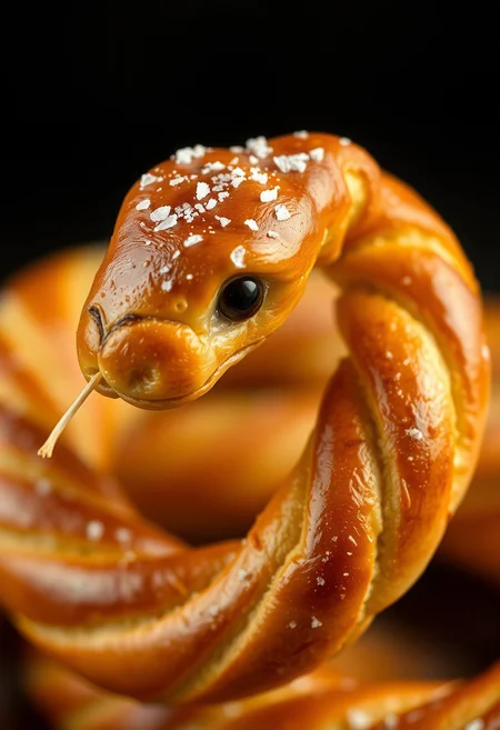 "Create a hyper-realistic image of a snake made entirely of fluffy pretzel, with a texture that resembles soft, twisted dough. The pretzel should be intricately detailed, with a realistic, twisted shape that gives the impression of a real snake. The snake should be lightly topped with a dusting of salt, which should add a subtle, savory texture to the image. The salt should be visible as tiny, white crystals that catch the light, adding a sense of depth and realism to the image. The overall effect should be one of whimsical, mouthwatering wonder, with a focus on the creative and playful use of pretzel as a sculptural medium." highest-Quality, 8 k, intricate details, visually stunning, Masterpiece