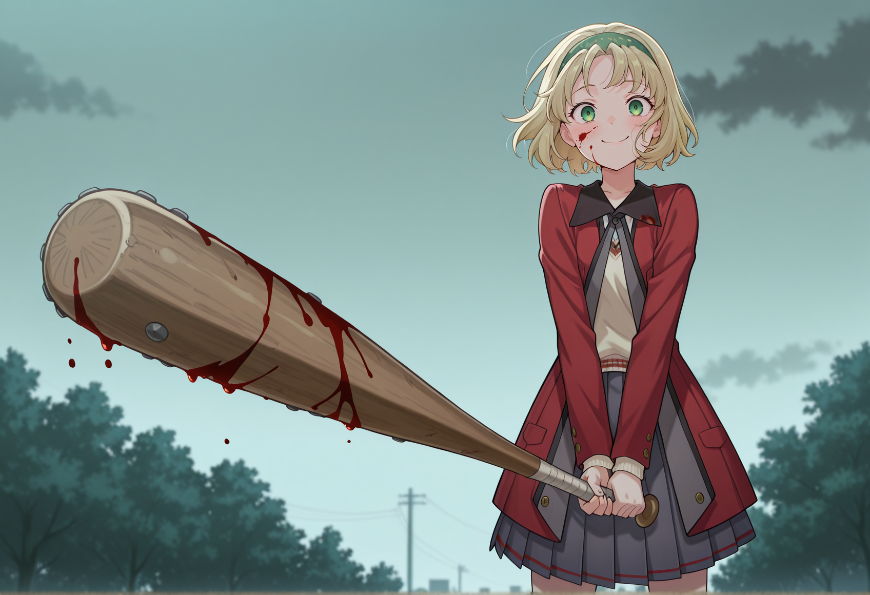 brave_pose,1girl, blonde hair, short hair, hairband, green eyes, school uniform, pleated skirt, red blazer, sweater, outdoors, smile, yandere, blood on face, baseball bat, anime screencap, anime screenshot <lora:nina_illus:0.8>  <lora:Brave_Pose:1>, masterpiece, best quality, amazing quality, very aesthetic, absurdres, highres, newest