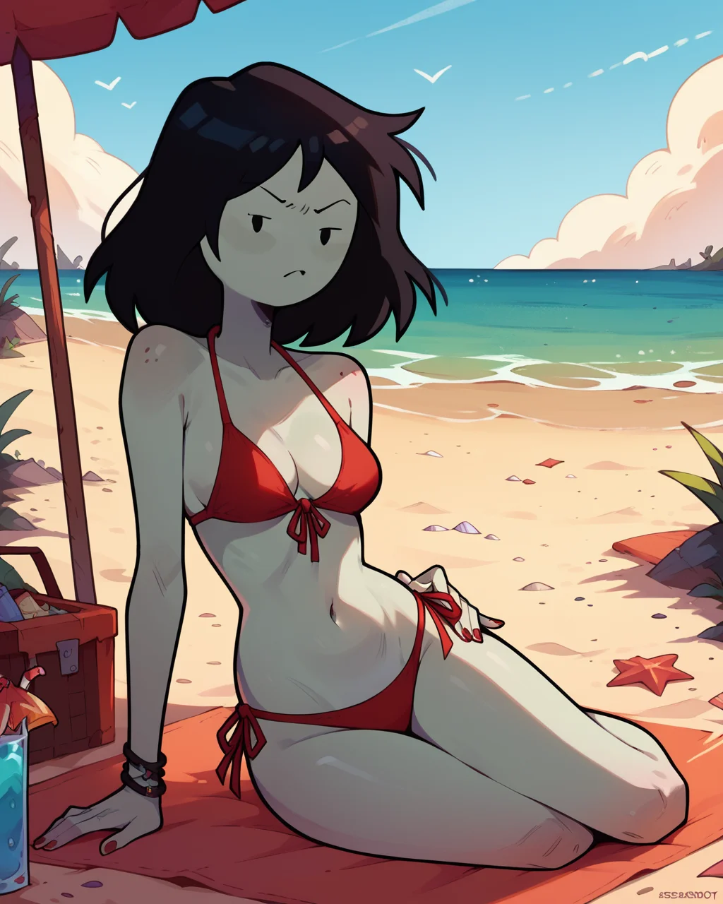 score_9, score_8_up, score_7_up, 1girl, no nose, solo, Marceline, medium hair, bikini, redstaroutfit, outdoors, beach, <lora:Marceline_PDXL_V2:1>