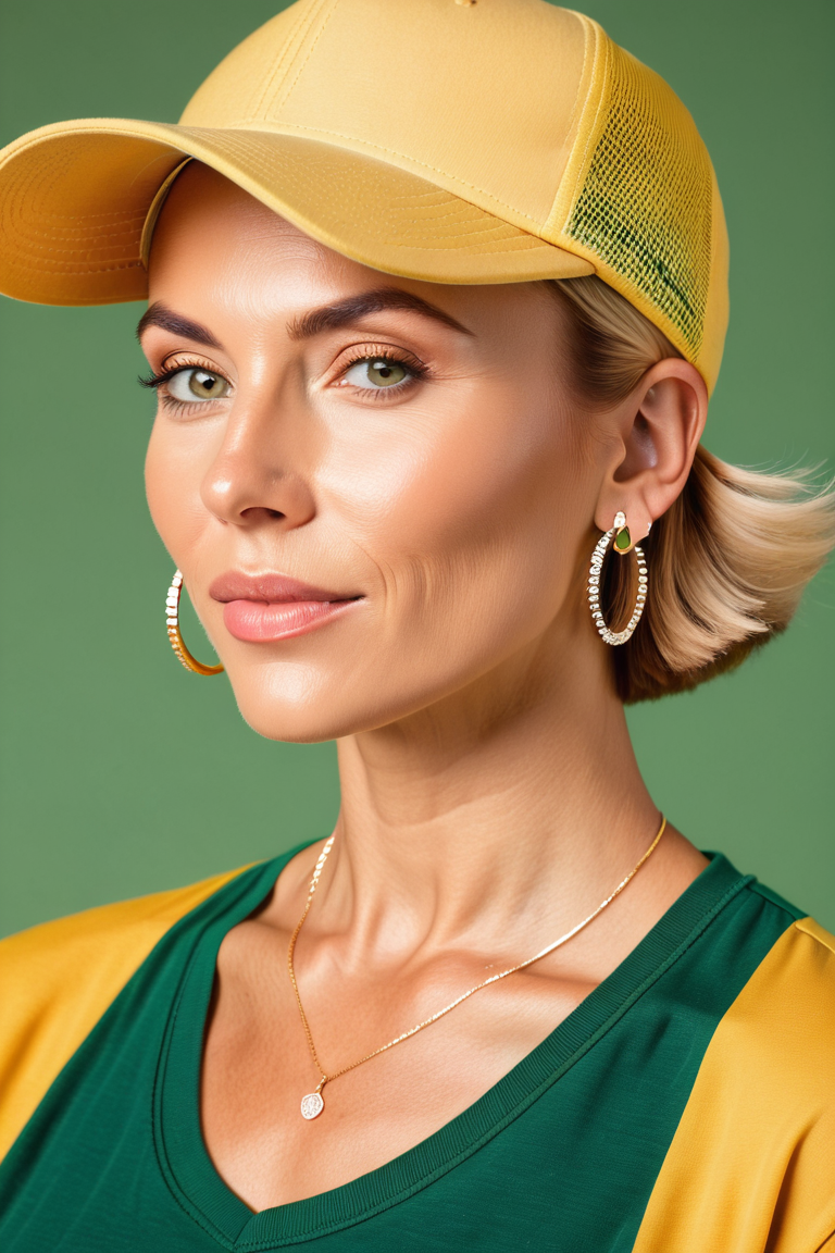majmilfad 1girl, baseball cap, blonde hair, closed mouth, earrings, green background, hat, hoop earrings, jewelry, looking at viewer, shirt, short hair, simple background, solo, upper body, yellow shirt