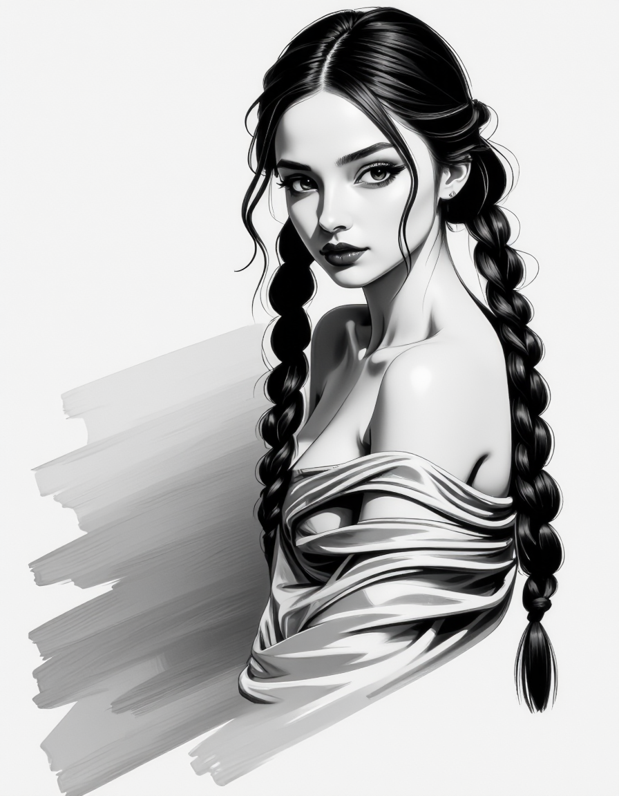 zavy-fnrt , This is a highly detailed, hyper-realistic black and white drawing of a young woman with a striking expression. She has a fair complexion, long, wavy hair styled in two braids that fall over her shoulders, and dark, expressive eyes that gaze directly at the viewer. Her lips are full and painted in a deep, rich shade of red, adding a dramatic contrast to the monochromatic background. She is partially draped in a loose, flowing garment that is rendered with soft, feathery strokes, giving it a delicate, almost ethereal texture. Her physique is slender, and she is posed in a three-quarter view, turning her head slightly to the left. The background is minimalistic and abstract, consisting of soft, smudged lines and gradients that emphasize the subject without distracting from her features. The overall style of the drawing is highly realistic, with meticulous attention to detail in the textures and shadows, creating a sense of depth and realism. The image conveys a sense of intimacy and sensualism. <lora:ck-greasepencil__:1> <lora:Add_More_details_Flux:1>