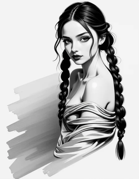 zavy-fnrt , This is a highly detailed, hyper-realistic black and white drawing of a young woman with a striking expression. She has a fair complexion, long, wavy hair styled in two braids that fall over her shoulders, and dark, expressive eyes that gaze directly at the viewer. Her lips are full and painted in a deep, rich shade of red, adding a dramatic contrast to the monochromatic background. She is partially draped in a loose, flowing garment that is rendered with soft, feathery strokes, giving it a delicate, almost ethereal texture. Her physique is slender, and she is posed in a three-quarter view, turning her head slightly to the left. The background is minimalistic and abstract, consisting of soft, smudged lines and gradients that emphasize the subject without distracting from her features. The overall style of the drawing is highly realistic, with meticulous attention to detail in the textures and shadows, creating a sense of depth and realism. The image conveys a sense of intimacy and sensualism. <lora:ck-greasepencil__:1> <lora:Add_More_details_Flux:1>