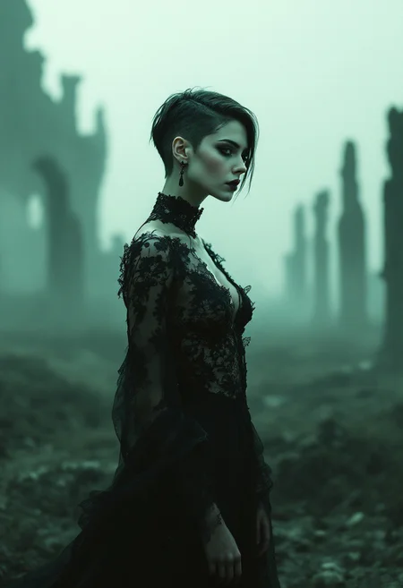 Ethereal Elegance Amid Ruins, A solitary woman stands in a desolate post-apocalyptic field, framed by the haunting silhouettes of crumbling ruins in the background. She exudes a gothic, otherworldly beauty, dressed in a lace-patterned gown with intricate detailing that flows gently against the muted green-grey tones of the scene. Her hair is styled in a sleek, minimalist berry-short cut, which accentuates the sharp contours of her face and adds to her striking presence.
The atmosphere is enveloped in fog and mist, softening the jagged edges of the ruins while emphasizing her isolated elegance. Low-key lighting casts deep shadows across her form, creating a delicate interplay of light and darkness. The subtle film grain texture enhances the eerie, muted cinematic palette, with ambient shadows lending the scene a melancholic yet sophisticated aura.
Her expression is both introspective and resolute, embodying a sense of gothic horror that is understated yet palpable. The decayed remnants of civilization behind her serve as a stark contrast to her timeless beauty, merging themes of destruction and grace in an evocative, fashion-forward editorial portrait.
