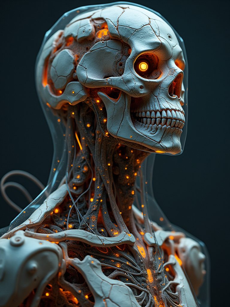 w1z_m4ch1n4. cyborg robot made of fossils, with built-in holographic display and lichtenberg figure circuits
