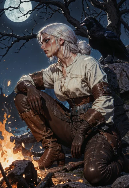 CiriW, a female character with white hair, kneeling on the ground in a forest setting. She has fair skin and is wearing a rugged, medieval-style outfit consisting of a white shirt and brown leather pants, with a detailed belt adorned with pouches and a dagger. The scene is set at night, with a dramatic contrast between the warm glow of a nearby fire on the left and the cool, moonlit background on the right. A dark, leafless tree looms behind her, and a raven is perched on a rock nearby, adding to the mystical atmosphere. The character's expression is focused and determined, and the overall composition conveys a sense of tension and adventure. <lora:FluxCiriWV1:1> <lora:FluxMythG0thicL1nes:0.6> <lora:FluxMythR3alisticF:0.5> <lora:RetroAnimeFluxV1:0.6> <lora:OB半写实肖像画V2.0:0.6>