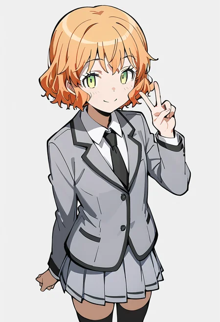 score_9,score_8_up,score_7_up,score_6_up,source_anime,cowboy_shot,transparent_background,white_background,1girl,(v:1.1),seductive_smile,<lora:åæ©é½èä¹:0.8>,kurahashi hinano,orange hair,short hair,green eyes,school_uniform,gray jacket,white shirt,gray skirt,black tie,black_thighhighs,