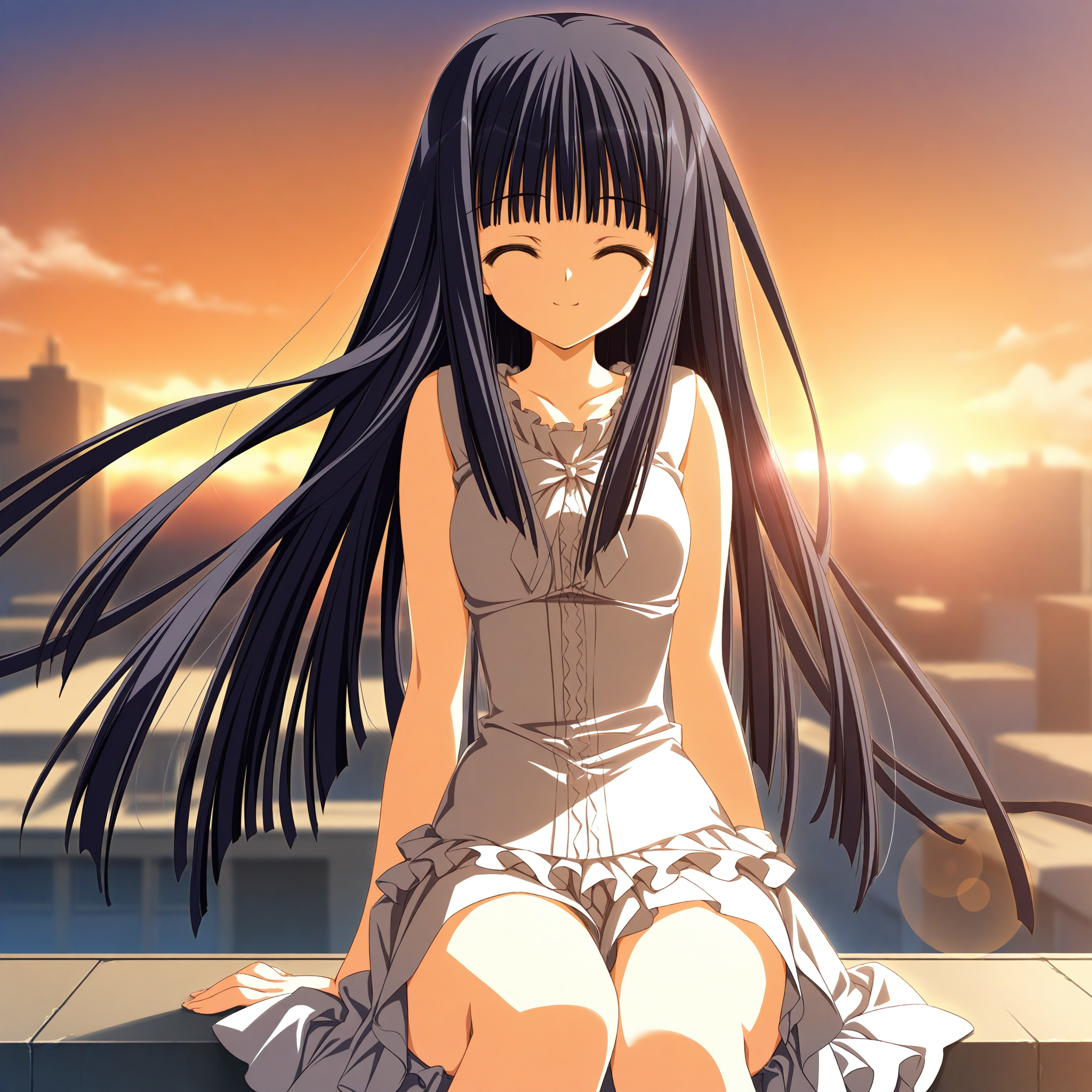 <lora:Takashima_Zakuro_1_nai-000044:1>,Takashima Zakuro,
white dress,hime cut,frills,sleeveless dress,
1girl,solo,sitting,on roof,front view,smile,closed eyes,sunset,arm support,depth of field,lens_flare,