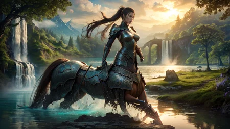 realistic analog photo, award winning photo,
<lora:FantasyLandscape-10:0.75> fanlan, waterfall into a lake, lake spanning bridge,
<lora:CentaurConcept_v1:0.75> armored female centaur, wearing reigns, wearing saddle,
RAW, highres, 8k, uhd, High Dynamic Range, tonemapping, crisp details,