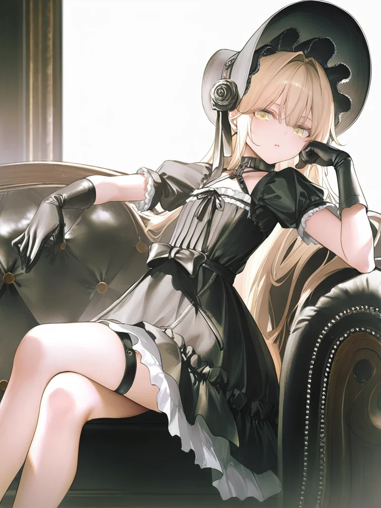 1girl,flower,solo,yinggelite,simple background,white background,looking at viewer,,yellow eyes,crossed_legs,sitting,gothic_lolita,short sleeves,black gloves,blonde hair,<lora:yinggelite-000006:0.7>, masterpiece, best quality, very aesthetic, absurdres, ,wanke,(liduke:0.95),miv4t,kerno,kazutake_hazano,(mignom:0.8),rurudo,ningen mame,(toosaka asagi:0.9524),